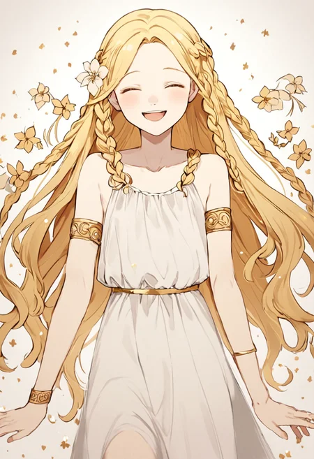 insanely dynamic illustration of boy, long hair, miquella, blonde hair, braid, solo, dress, white dress, male focus, smile, simple background, flower, closed eyes, otoko no ko, white background, open mouth, armlet, facing viewer, :d, hair flower, hair ornament, pale skin. best quality, high resolution. crazy artstyle, careless brushstrokes, emotional and fun, boy, long hair, miquella, blonde hair, braid, solo, dress, white dress, male focus, smile, simple background, flower, closed eyes, otoko no ko, white background, open mouth, armlet, facing viewer, :d, hair flower, hair ornament, pale skin, shiny colors, delicate, beautiful, elegant, very coherent
