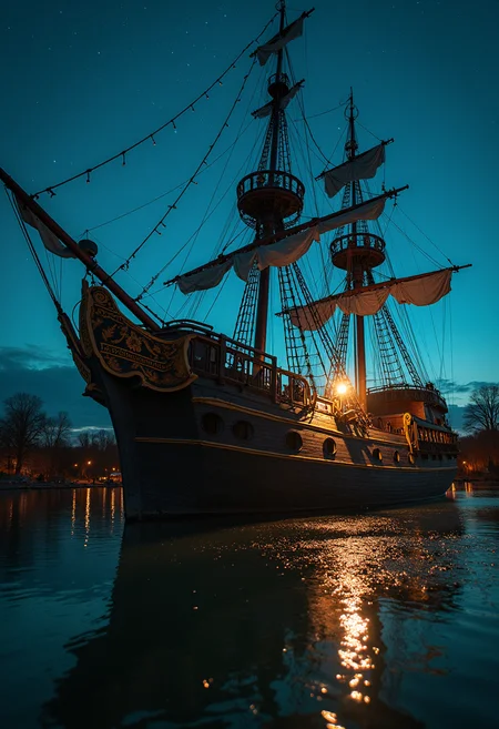 Film scene showcasing modern artstyle , on a broken-down pirate ship in a drained water park, under starlit skies, taken from the ship's bow, sailing through memories.