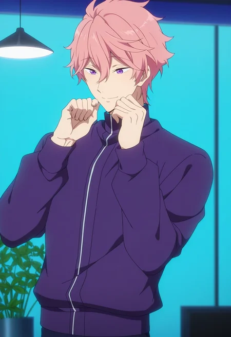 masterpiece, best quality, intricate details, anime screencap, , ,, 1boy, solo, male focus, <lora:kisumi_shigino_ilxl:0.92>, kisumi_shigino, pink hair, purple eyes, hair between eyes, , tech garden, robot tenders, data plants, virtual flowers, tending pose, gentle expression, artificial lighting,