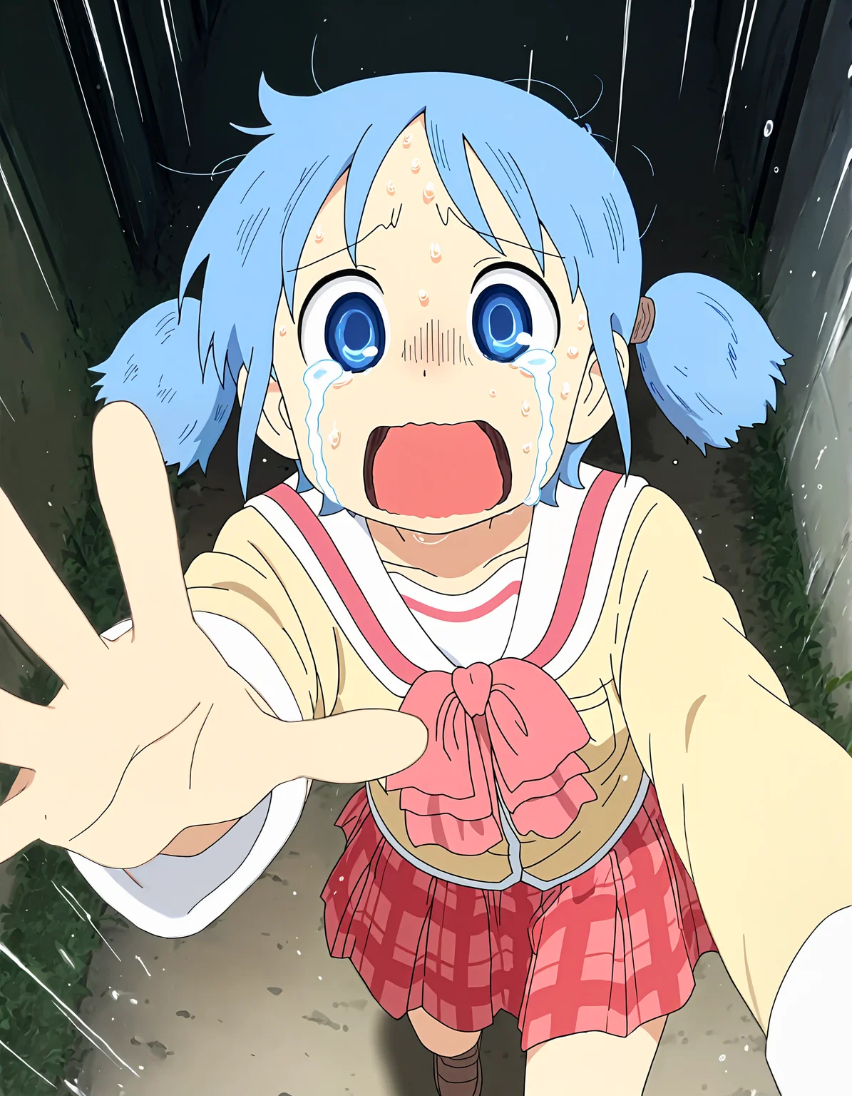 masterpiece, best quality, good quality, newest, highres, absurdres,Nichijou_illu, <lora:Nichijou_style:1> ,style parody, anime screenshot,1girl, tokisadame school uniform, school uniform, twintails, blue hair, solo, blue eyes, open mouth, short twintails, tears, sweat, skirt, parody, short hair,crying, running, reaching towards viewer, scared, action_line