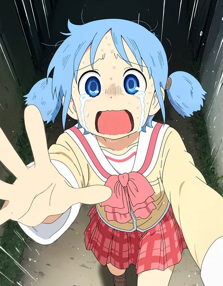 masterpiece, best quality, good quality, newest, highres, absurdres,Nichijou_illu, <lora:Nichijou_style:1> ,style parody, anime screenshot,1girl, tokisadame school uniform, school uniform, twintails, blue hair, solo, blue eyes, open mouth, short twintails, tears, sweat, skirt, parody, short hair,crying, running, reaching towards viewer, scared, action_line