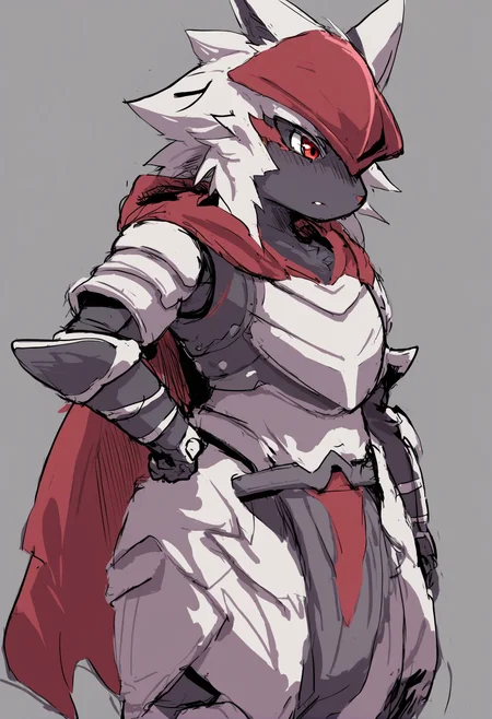 masterpiece, hyper detailed, best quality,(furry:1.3),solo , hood , armor, 1girl, simple background , standing , grey background, sketch ,<lora:DAGASIXLlokr8f-000188:0.95>