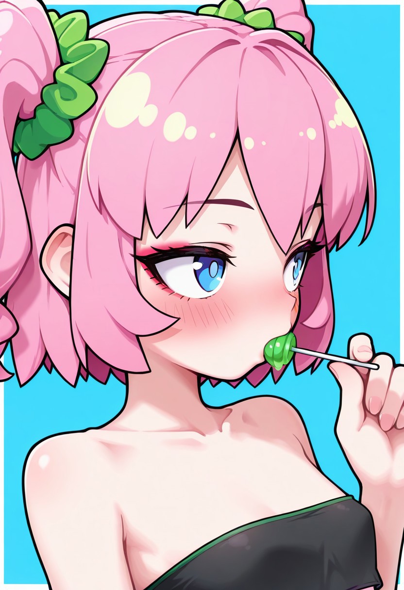 masterpiece, best quality, 1girl, solo, skinny, flat breasts, blue eyes, (pink candy hair, two pigtails), green elastic scrunchie, makeup, blush, black tube top, sucking green lollipop, lollipop in mouth, holding, portrait, blue background, kakayumikaka