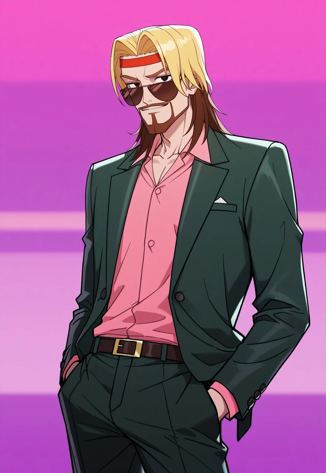 masterpiece, best quality, newest, absurdres, highres, 1boy, solo, dukemtcy, blonde hair, brown hair, black eyes, multicolored hair, facial hair, beard with mustache, headband, sunglasses, dark green business suit, pink shirt, looking at viewer, cowboy shot, seductive smile, synthwave background