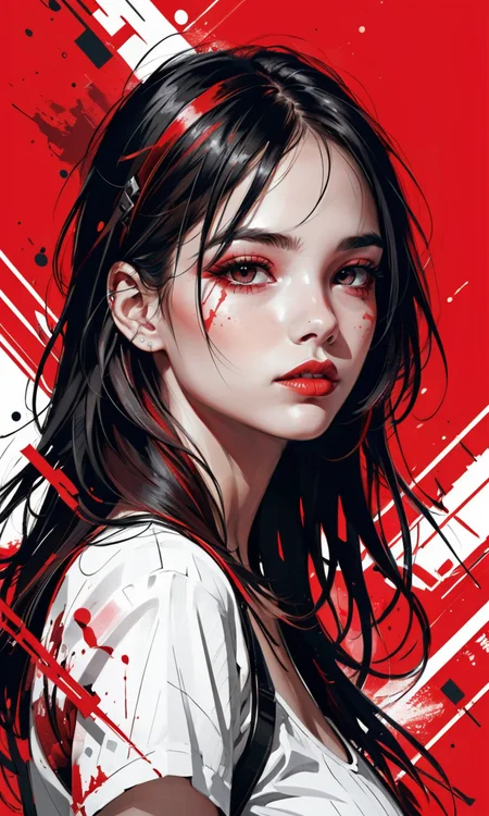 4n1v3rs3, a girl (((style of Russ Mills))) illustration, cover art, (((red))), portrait, red background, red splash, <lora:add-detail-xl:2>