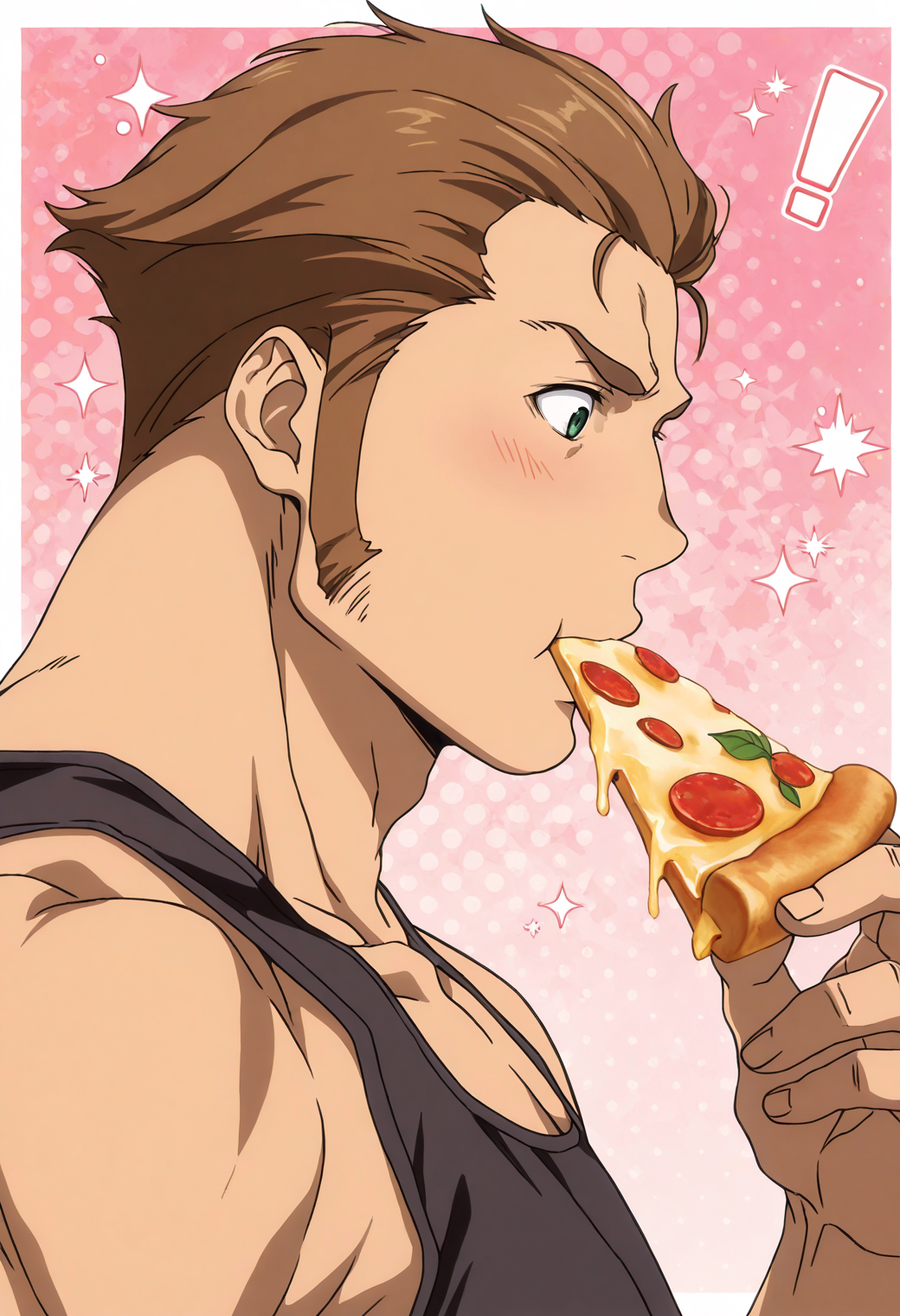 SmoothNoob_Quality,
<lora:Sword__Wilhelm_Ragnvald_Garo_-VANISHING_LINE-:1>,
1boy,s0rud0,brown_s0rud0_hair,blue_s0rud0_eyes,anime coloring,long sideburns,muscular male,bara,
black tank top,
pink background,dotted background,white border,eating,pizza,cheese pull,!,holding pizza,blush,sparkle,upper body,from side,
dynamic action