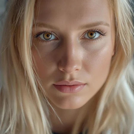 “Intimate close-up of  blond white Russian woman, blonde hair framing her face, brown eyes locked on the camera, sharp nose, and soft pink lips straight ahead in a calm expression,, (hyperrealistic:1.3), (photorealistic:1.2), cinematic lighting, ultra-detailed facial features.” straight ahead in a calm expression, (hyperrealistic:1.3), 8k resolution, high dynamic range, intricate face details.”