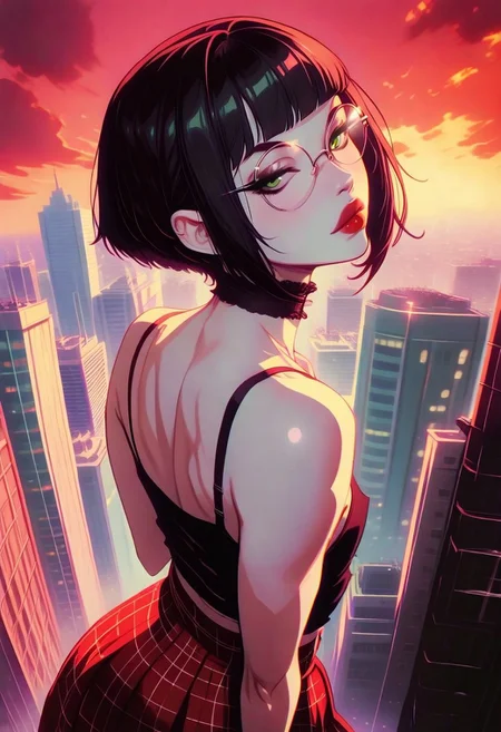 masterpiece, best quality, 32k, high resolution, absurdres, 1girl, Polly, PollyRH, short hair, bobcut, black hair, bangs, green eyes, small breasts, almost flat chest, slim, pale skin, big round eyeglasses, clear eyeglasses lenses, red lipgloss, HD32k, dynamic pose, aesthetic, perspective, solo, detailed eyes, sensual look, pinup pose, urban scenario, detailed background, black-red tint, sunset, sensual look,  goth attire, punk attire, black tank top,nipple peek, (red) tartan skirt, spiky wristbands, chocker,, from behind shot, back view, back focus
