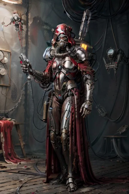 ((masterpiece,best quality)), absurdres, BREAK
mechanical arms, robes, hood, BREAK
((techpriest)), cyborg, mechanical face, mechanical limbs, gas mask, mechanical tentacles, (mechanical backpack), red cloak, BREAK
1other, solo, holding pistol, weapon, firearm, pistol, BREAK
(atomh),