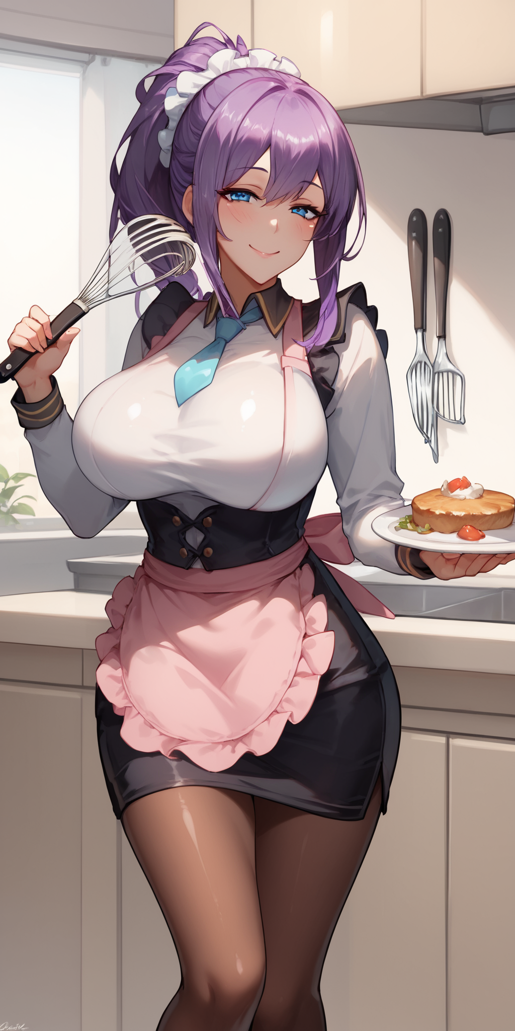 score_9, score_8_up, score_7_up, 1girl, mature female, shiny skin, <lora:Expressive_H:0.8>, <lora:Lucy-10:0.8>,lucy, purple hair, very long hair, blue eyes, hair ornament, black footwear, black skirt, pencil skirt, breasts, holding plate, large breasts, long sleeves, looking at viewer, brown legwear, ponytail, smile, solo, blue necktie, white shirt, black corset, maid headdress, pink apron, pink ribbon, holding whisk,kitchen, day,naughty face, cowboy shot,