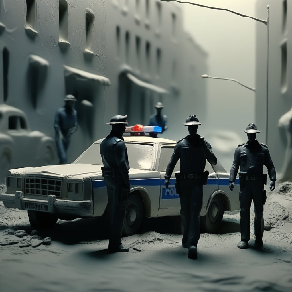 instonx policemen and police car at the crime scene in the city, expressively, spaces, cinematically<lora:instonx:1>