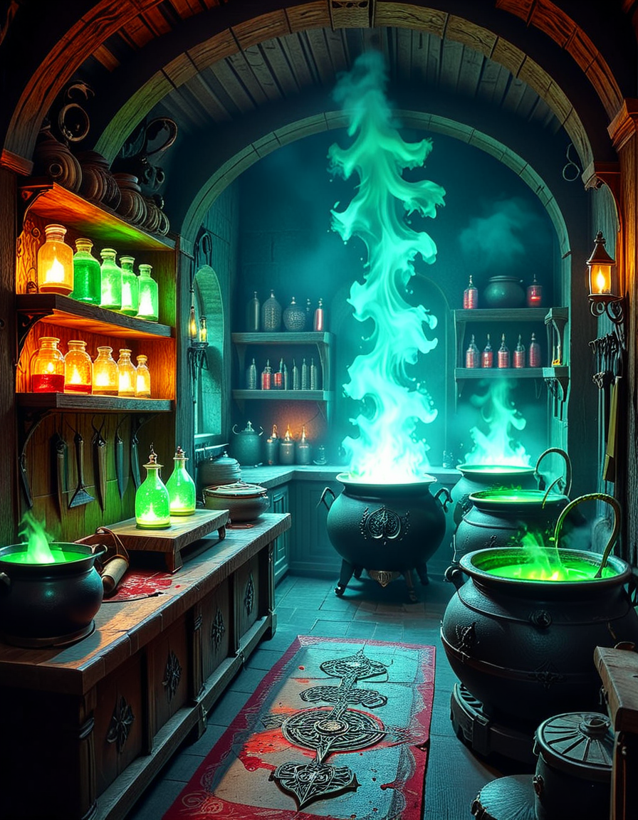 Hidden deep within the necromancerâs infernal domain lies a nightmarish kitchen, a grotesque fusion of alchemical laboratory and sacrificial chamber. The walls are carved from blackened bone and obsidian, pulsating faintly with necrotic energy. Faint green flames flicker in sconces made from twisted skeletal hands, casting eerie shadows across the macabre workspace. The air is thick with the scent of decay, ash, and something far worseâan indescribable aroma of corruption and dark magic.
At the center, a massive butcherâs table, scarred and stained with centuries of dried blood, serves as the primary workstation. Rusted, jagged knives, bone saws, and crude flesh-carving tools hang from hooks, their edges glistening with fresh remnants of something recently prepared. Nearby, grotesque cauldrons bubble with viscous, unnatural liquidsâblack ichor, boiling crimson blood, and glowing green elixirs swirl together, each concoction releasing haunting whispers as if infused with trapped souls.
Suspended from the ceiling, enormous iron hooks hold skinned carcassesâsome humanoid, others unrecognizable abominations stitched together from various creatures. Skeletal constructs, animated by unseen forces, mindlessly tend to the kitchen, stirring bubbling cauldrons and grinding unknown ingredients into fine powders using ancient, rune-etched mortars and pestles.
Along the walls, towering shelves hold disturbing "ingredients" sealed in glass jars: floating, disembodied eyes that track movement, severed hands that twitch sporadically, and writhing black worms that exude a thick, putrid slime. Bundles of dried, withered herbsâsome glowing faintly with infernal energyâhang from the rafters, alongside strips of preserved flesh, their origins best left unspoken.
In one corner, a massive, rune-inscribed oven burns with an unnatural, ghostly blue flame. The heat does not come from firewood but from the tormented souls bound within, their agonized wails fueling its endless infernal blaze. A massive iron cauldron sits atop a cracked stone hearth, where a thick, bubbling stew churnsâits surface occasionally breaking as something beneath struggles, clawing weakly before sinking back into the depths.
This is not a place for feastingâit is a workshop of the grotesque, where ingredients are harvested, flesh is repurposed, and the very essence of undeath is distilled into unholy nourishment. No living creature eats hereâonly the dead, the damned, and the things that should not be.
Style & Mood :
- Dark fantasy, gothic horror, necromantic aesthetics
- Cinematic, high-detail, eerie lighting
- Infernal atmosphere, filled with shadows, glowing green and crimson energy, and grotesque details
- Inspired by the works of ZdzisÅaw BeksiÅski, H.R. Giger, and dark medieval sorcery
<lora:SDXLFaeTastic2400:0.4> <lora:extremely_detailed:0.4> extremely detailed, <lora:mysterious_4lch3my_sh0p:1> mysterious 4lch3my sh0p <lora:nightmarish_k1tch3n:1>,nightmarish k1tch3n, Masterpiece,best quality,hi res,8k,hi res,8k,award winning,(sharp focus, intricate, highly detailed),