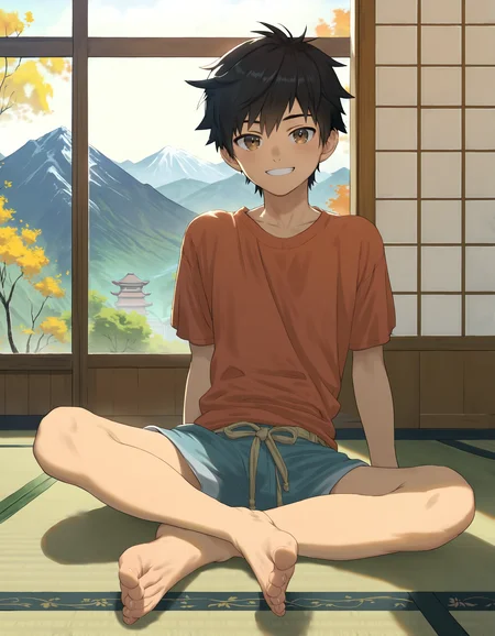 score_9, score_8_up, score_7_up, score_6_up, source_anime, indoors, tatami, mountain, 1boy, brown eyes, black hair, solo, looking at viewer, smile, t-shirt, shorts, sitting on floor, barefoot <lora:luye-yuan_AMXL_v3f-ShoAI:1>