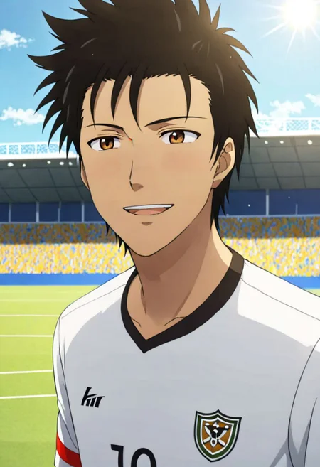 solo, 1boy, detailed_eye_model, easynegative, Soujirou Agata, Brown Eyes, Black Hair, soccer boy, soccer player, field, happy, tired, celebration, sunny day, half body