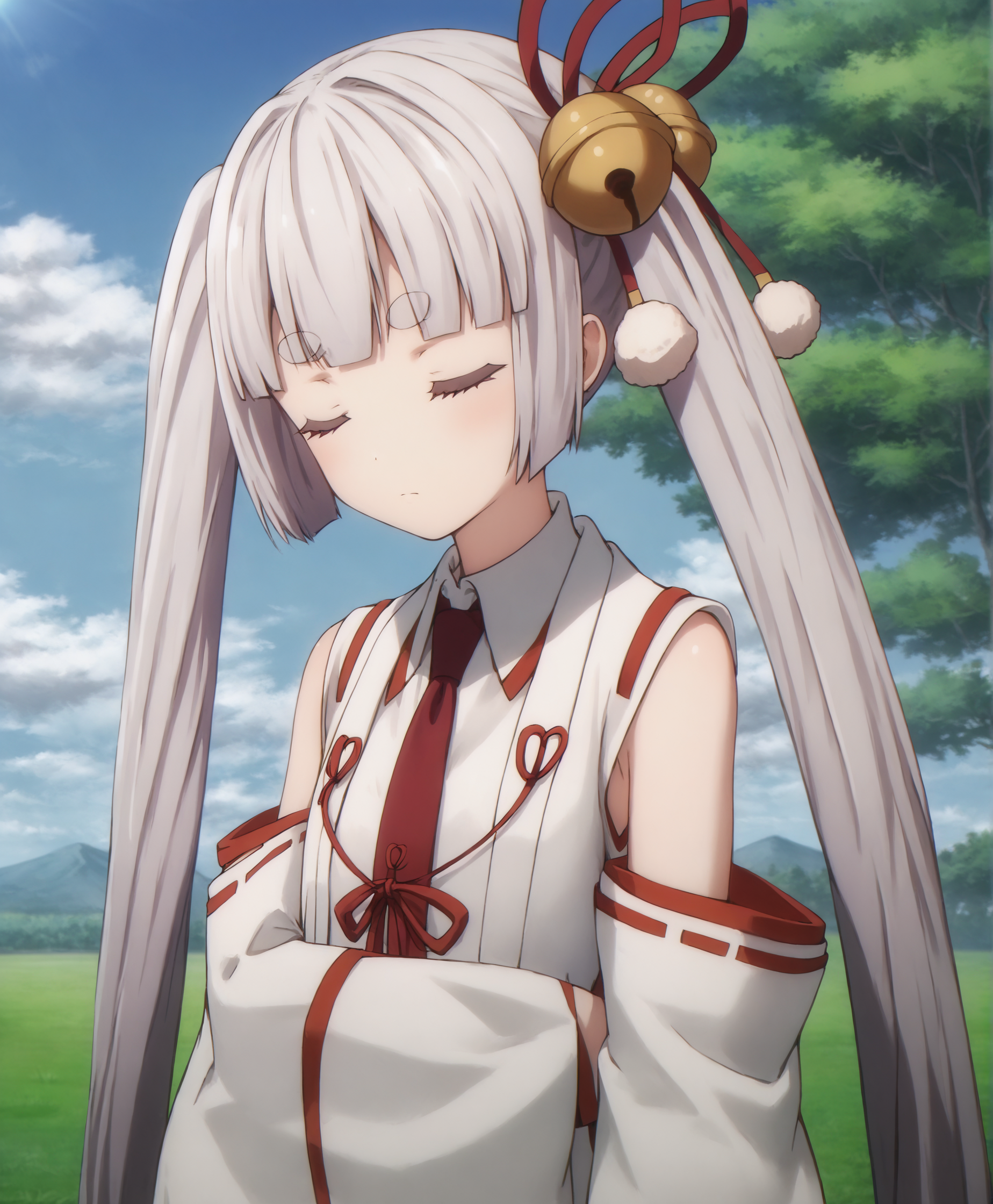 score_9, score_8_up, score_7_up, highres, hi res, best quality, masterpiece, 2d, intricate details, 4k, anime coloring, shadow, uncensored,
1girl, solo, long hair, hair ornament, ribbon, very long hair, twintails, closed eyes, white hair, hair ribbon, red ribbon, bell, thick eyebrows, jingle bell, hair bell, short eyebrows, 
shirt, bare shoulders, white shirt, necktie, detached sleeves, japanese clothes, red necktie, ribbon trim, ribbon-trimmed sleeves, miko,
upper body, portrait, 
outdoors, on grass, grass, field, depth of field, horizon, field, blue sky, cloudy sky, mountains, forests, tree, <lora:Tsukuyo_Inaba1024_Pony:1>, busou shoujo machiavellism, tsukuyo inaba,