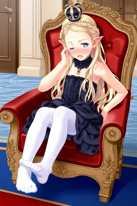 score_9, score_8_up, score_7_up, rating_safe, absurdres BREAK 1girl, looking at viewer, (twirling hair, playing with own hair:1.2), open mouth, tongue, one eye closed, (full-face blush:1.2), blonde hair, braided bangs, long hair, gold mini crown, jewelry, blue eyes, flat chest, (pointy ears:0.9), gothic black dress, white pantyhose, sitting, no shoes, toes, full body, wide shot, royal throne, luxurious living room
