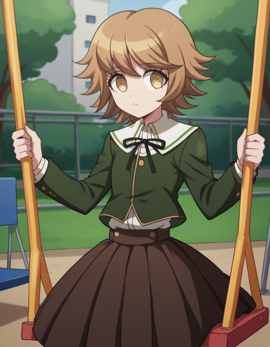 score_9, score_8_up, score_7_up, source_anime, <lora:chihiro-fujisaki-s1-ponyxl-lora-nochekaiser:1>, chihiro fujisaki, short hair, bangs, brown hair, brown eyes, male focus, otoko no ko,, skirt, shirt, long sleeves, ribbon, school uniform, jacket, pleated skirt, black ribbon, neck ribbon, brown skirt, green jacket,, public park, playground, swing set, laughter, sunny day, , , arm straight out to the side, solo,, cowboy shot, dutch angle