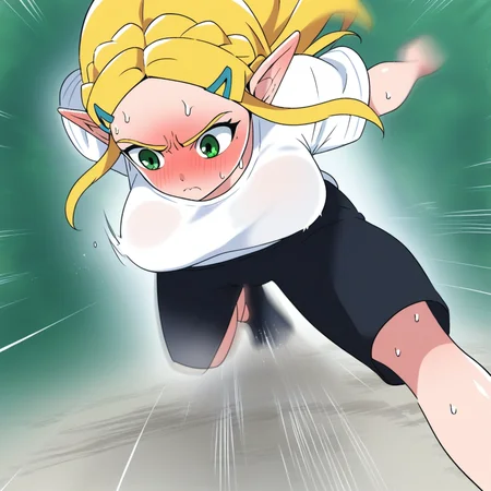 N4RUT0RUNv1, score_9, score_7_up, 1girl, Princess Zelda, green eyes, blonde hair, sidelocks, serious facial expression, eyebrows, white t-shirt, sweaty, buruma, black buruma, dynamic, motion lines, blur, white shirt, view from below, running, arms behind back, large breasts, embarrassed, shy, shiny skin, sweat,