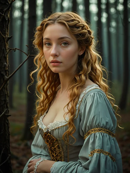 Botticelli style cute russian 30 y.o. woman in the eerie woods at night, afraid <lora:breasts_slider_v2:4>, set in the 19th century . Early Renaissance, allegorical, graceful, detailed, "abstract