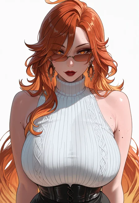 masterpiece,best quality,amazing quality,<lora:mavuika_genshin_impact_ilxl_goofy:1>mavuika, 1girl, mole on body, jewelry, glasses, earrings, corset, looking at viewer, red nails, ring, bare shoulders, red lips, white background, tinted eyewear, ribbed sweater, mature female, sleeveless sweater, turtleneck, black nails, black skirt, mole on arm,