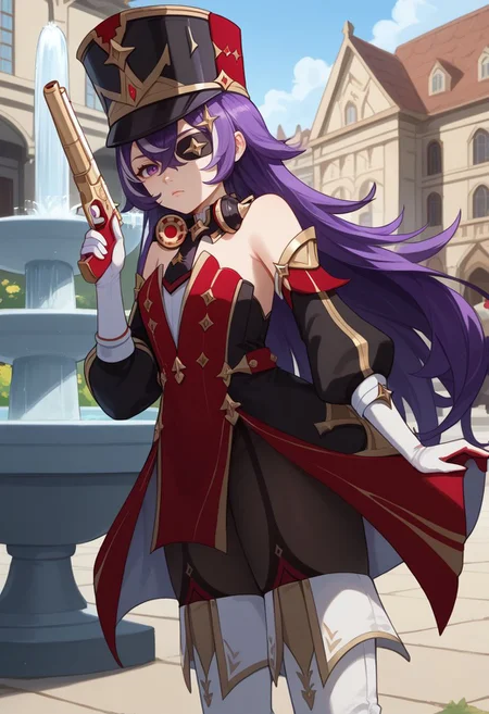 score_9, score_8_up, score_7_up, source_anime, 1girl, chevydef, purple eyes, purple hair, streaked hair, long hair, pointy hair, hair between eyes, eyepatch, mole under mouth, earmuffs, shako cap, gold trim, black necktie, red dress, strapless dress, puffy detached sleeves, bare shoulders, black headwear, detached collar, white gloves, black pantyhose, white footwear, thigh boots, standing, expressionless, looking at viewer, outdoors, renaissance town, fountain, cowboy shot, holding weapon, holding gun, <lora:Chevreuse_v1-000010:1>