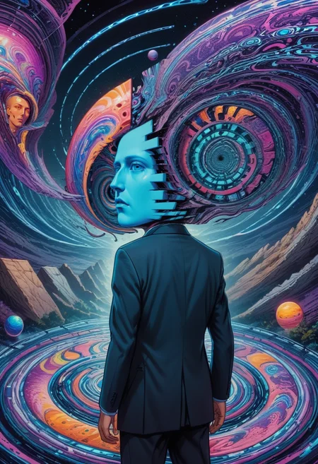 mind-bending trip, head unraveling into geometric planes, multidimensional space, swirling colors, neon light trails, surreal entities, cosmic backgrounds, visual echoes, psychedelic art style, intricate detail, captivating illusions, high resolution<lora:Style_ThatSpecialFace:1>