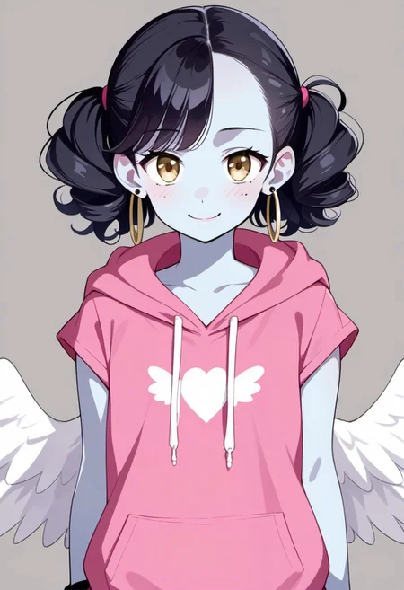 score_9, score_8_up, score_7_up, score_6_up, 1girl, solo, source_anime, (blue skin:1.1), angel wings, hoop_earrings, hoodie, dark red taut dress, bracelet, simple background, looking at viewer, smile, portrait, hair flip, flat chest, plump, curly hair, short hair, twintails, bangs, amber eyes, black hair, mole on face