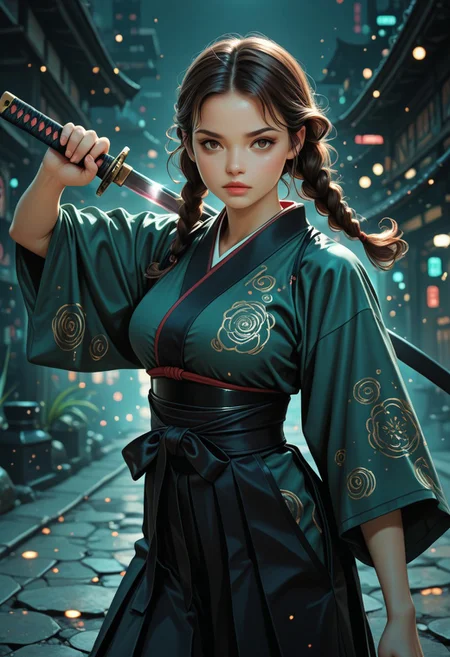 lazypos, 1girl, solo, medium breasts, (samurai:1.2), dark green kimono, curly hair, shoulder-length hair, brown hair, twin braids, twin braids at the front, detailed eyes, grayish brown eyes, black Hakama, backlighting, cowboy shot, holding katana, weapon focus, reflection on blade, night, dynamic pose, intense, abstract background, act, cyberpunk, neon <lora:TrendCraft_The_Peoples_Style_Detailer-v2.1A-3_12_2025-JANKU:0.2>