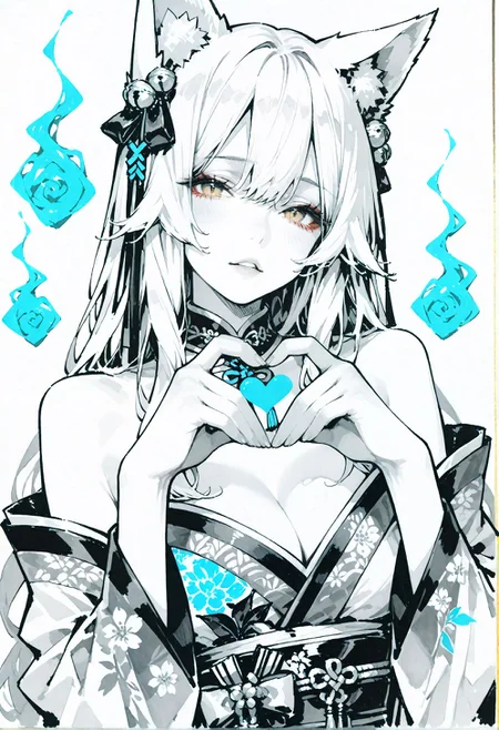 ink wash painting, traditional media, solo, ahri, Spirit Blossom Ahri, long hair, alternate costume, alternate hairstyle, white hair, looking at viewer,
chinese clothes, long sleeves, (hanfu), parted lips, (bare shoulders, cleavage),  floral print, heart hands, white background,
monochrome, greyscale,
monochrome, greyscale, spot color, ink wash painting, soft lines, gentle brushstrokes, 748cmstyle,
very aesthetic, absurdres, masterpiece, best quality, amazing quality
<lora:748cmSDXL:1> <lora:ponyv4_noob1_2_adamW:0.8>