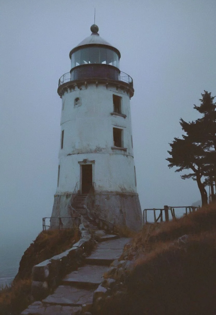 soaked_mundwasser_pee, In a grainy, handheld video, a lone explorer investigates an old, decrepit lighthouse on a foggy night. As he ascends the spiral staircase, strange whispers and ghostly moans fill the air. At the top, he encounters a monstrous, ethereal being with tentacles and multiple glowing eyes. The footage is chaotic and filled with static, capturing the explorer's terror and the creature's unearthly presence.