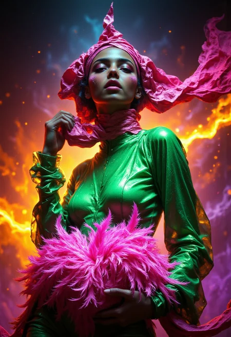 ((Anime, cyberpunk, R3alisticF)) — A sinfully stylish, high-fashion digital drawing in a realistic style portrays an elegant and avant-garde woman with a dark skin tone, illuminated by dramatic light with soft accents and long shadows. She wears a vibrant green, sheer, long-sleeved top that shimmers under the cyberpunk-inspired lighting, paired with a bold pink headscarf tied into a pointed, bird-like shape, blending modernity and whimsy. Her bright pink lips, mirroring the headscarf, and sharp, meticulously contoured makeup enhance her striking features. She holds a large, fluffy pink feathered clutch in her left hand, its texture contrasting vividly with the green and pink hues of her outfit. The background is an ethereal gradient, transitioning from a deep, rich orange at the bottom to an electric blue at the top, creating a visually dynamic and cyberpunk-inspired atmosphere. The interplay of dramatic light, long shadows, and vivid colors elevates the surreal, sinfully stylish aesthetic.