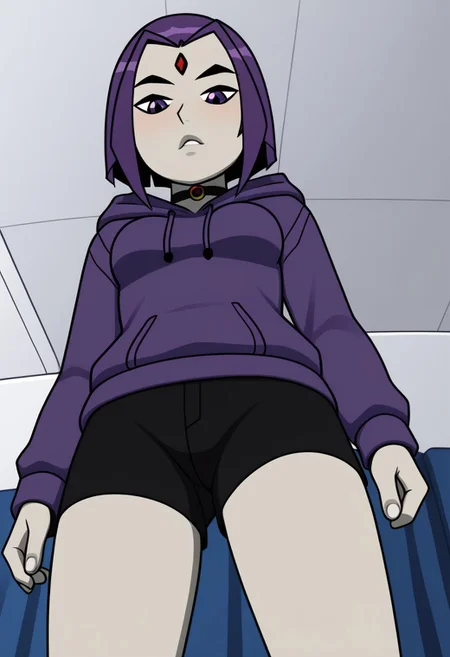 chrav, 1girl, solo, medium breast, purple hoodie, choker, black short shorts, from below, bedroom, indoors,