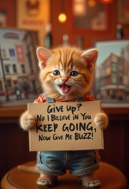 A very cute adorable charmingly down-to-earth kitten with a warm smile is seen in a lively bar, holding up a sign that reads "Give Up? No I Believe In You Keep Going, Now Give Me BUZZ!'' The kitten is dressed casually, with a relaxed demeanour that invites connection. The images on either side of him are striking photographs, capturing vibrant city scenes with a touch of nostalgia. Each image is richly detailed, showcasing a blend of modern urban life and old-world charm. The overall composition exudes a sense of warmth and familiarity, making it impossible to look away.