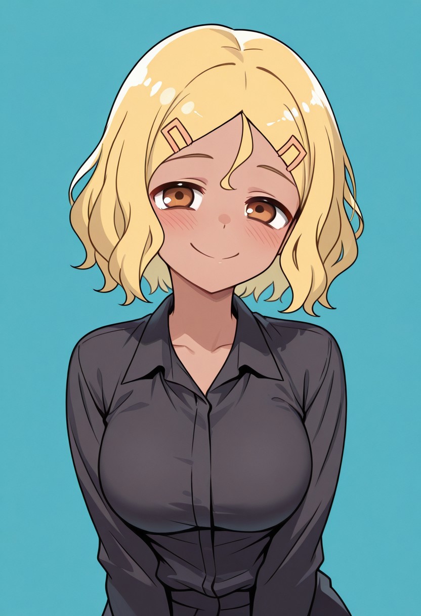 masterpiece, best quality, 32k, high resolution, absurdres, sakura (nagatoro), 1girl, solo, looking at viewer, smile, dark skin, hairclip, blush, large breasts