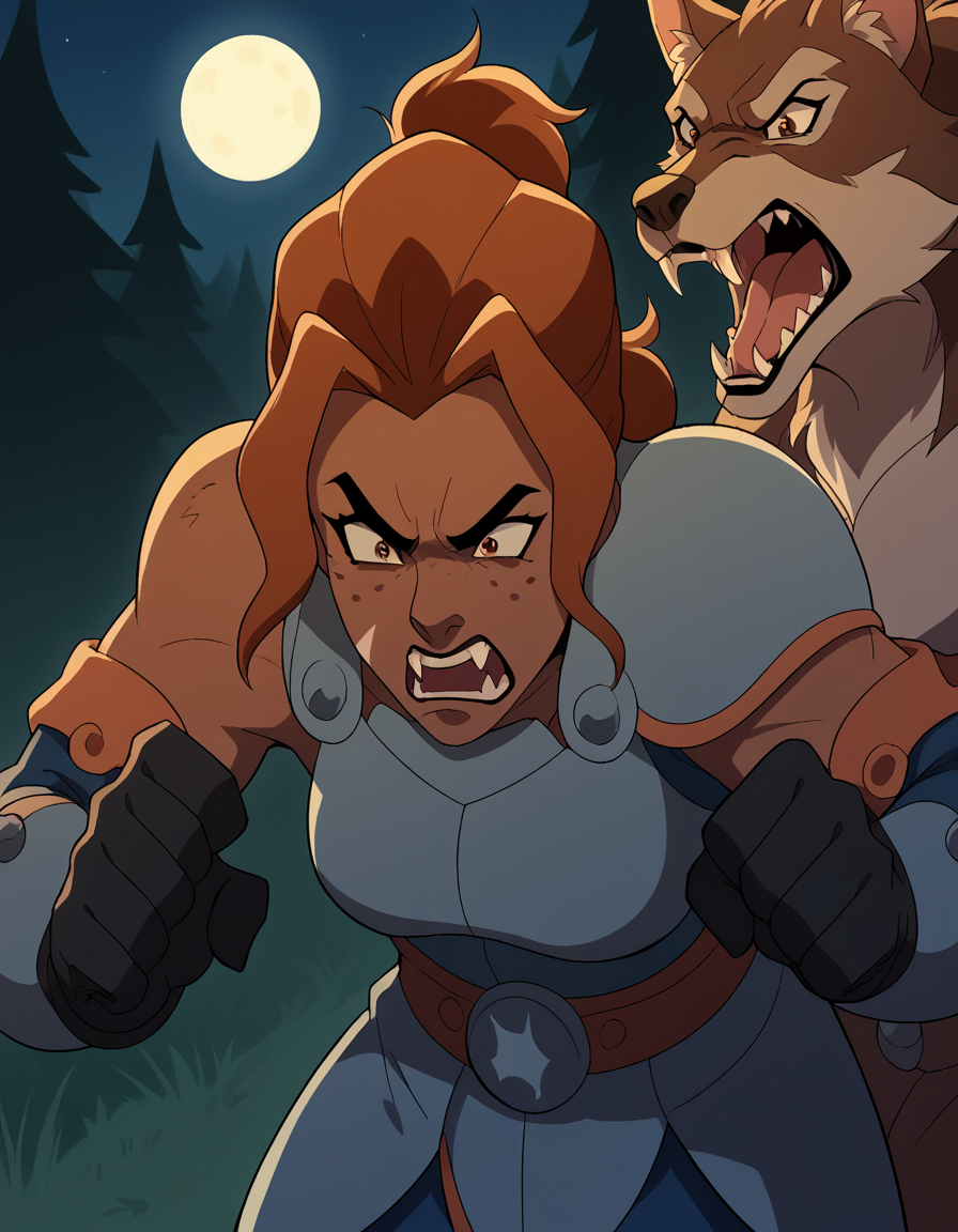 score_9, score_8_up, score_7_up, source_anime, <lora:lady-kima-s3-ponyxl-lora-nochekaiser:1>, lady kima, bangs, brown hair, brown eyes, freckles, parted bangs, ponytail, short ponytail, medium breasts,, <lora:werewolf-ponyxl-lora-nochekaiser:1>, werewolf, furry, fangs, animal ears, gloves, angry, teeth, animal ear fluff,, forest, night, moon, open mouth, , dutch angle, cowboy shot