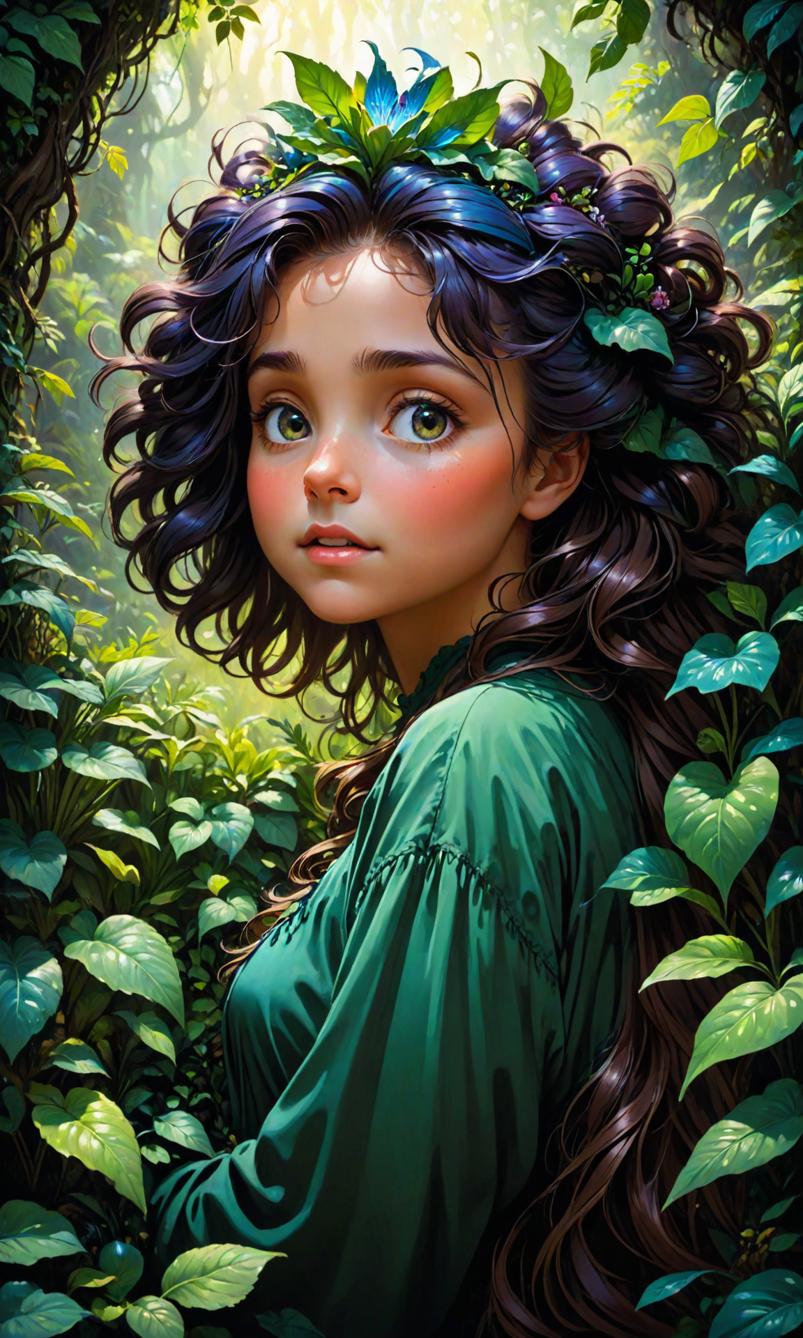 The cutest creature in the universe by greg rutkowski and thomas kinkade, Trending on artstation. Digital art. A vibrant digital oil painting. A highly detailed fantasy character illustration by Wayne Reynolds and Gustave Dore and Carl Monet and Gustave courbet, mysterious deep colors, featuring a woman's face with plants growing out of her hair <lora:Fast:0.69>