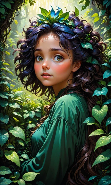 The cutest creature in the universe by greg rutkowski and thomas kinkade, Trending on artstation. Digital art. A vibrant digital oil painting. A highly detailed fantasy character illustration by Wayne Reynolds and Gustave Dore and Carl Monet and Gustave courbet, mysterious deep colors, featuring a woman's face with plants growing out of her hair <lora:Fast:0.69>