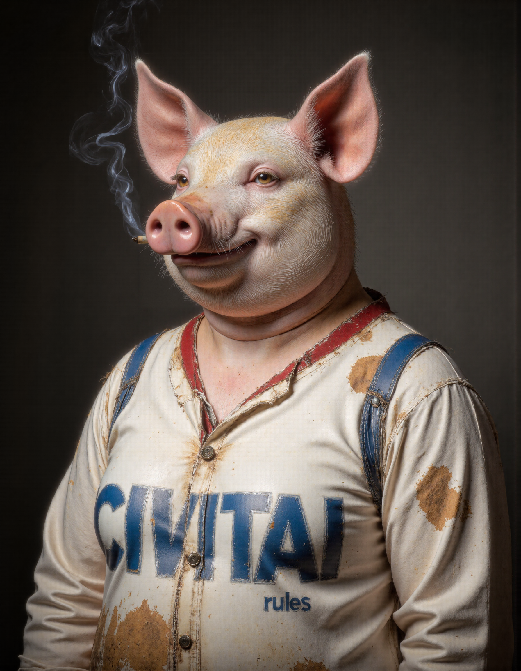 Frida Kahlo style full body shot of <lora:antr:1>, Rembrandt style, This is an ultra-realistic, highly detailed portrait of a pig rendered with meticulous attention to texture, lighting, and natural imperfections. The pig stands confidently against a smooth gradient grey background that transitions from a deep charcoal at the bottom to a soft silvery hue near the top, creating a neutral yet dynamic setting that highlights every intricate detail of the subject., The pigâs body is round and robust, covered in a short, bristly coat of fur that captures the essence of its rough lifestyle. Each strand of hair is individually visible under the soft, diffused lighting, with subtle variations in color ranging from pale pink to deeper shades of dusty rose and faint hints of beige along the edges where light catches the coarse hairs. The skin beneath the fur has a textured surface, showcasing fine wrinkles, tiny pores, and patches of uneven pigmentation that add an authentic tactile quality to its appearance. Around the snout, the skin is slightly tougher and more leathery, with prominent folds and creases that emphasize the animal's expressive nature., Its face features sharp, lifelike details: reddish-hued eyes gleam faintly as if reflecting some distant source of light, their wet surfaces catching highlights that make them appear almost alive. A mischievous smirk plays across its lips, which are slightly parted to reveal a glimpse of small, worn teeth. The nostrils flare subtly, one holding a cigarette precariously between its ridges. Thin wisps of smoke spiral upward lazily, curling into delicate tendrils before dissipating into the air. These ethereal trails of smoke catch the light beautifully, adding movement and depth to the otherwise still composition., The pig wears a dirty, well-worn white shirt with blue and red striped accents on the shoulders and a bold red collar. The fabric is frayed at the edges, stained with smudges of dirt and grease, suggesting years of hard use or manual labor. Faint sweat marks stain the armpits, while faint rips and loose threads give the garment a gritty, lived-in feel. Emblazoned across the chest in large, bold blue letters is the word "CIVITAI rules, " partially faded but still legible, further emphasizing the rugged aesthetic of the scene., Lighting plays a crucial role in this piece, with soft, even illumination casting gentle shadows that accentuate the pig's three-dimensional form. Subtle highlights run along the ridges of its ears, the tip of its snout, and the raised fibers of its fur, while deeper shadows pool within the folds of its skin and the creases of its clothing. This interplay of light and shadow creates a masterfully realistic rendering, drawing the viewerâs eye to the intricate textures and imperfections that define the pig's character., Every element of this portraitâfrom the carefully crafted texture of the pig's bristly coat to the delicate trails of smokeâhas been meticulously designed using advanced CGI techniques combined with photorealistic textures. The result is an unparalleled level of realism that blurs the line between digital art and photography, inviting viewers to linger over the smallest details and marvel at the lifelike portrayal of this unconventional yet compelling subject. . Baroque, chiaroscuro, realistic, emotional, "flat lightin. Whole outfit, clear, sharp, balanced . Surrealist, autobiographical, vibrant, symbolic, "Realist