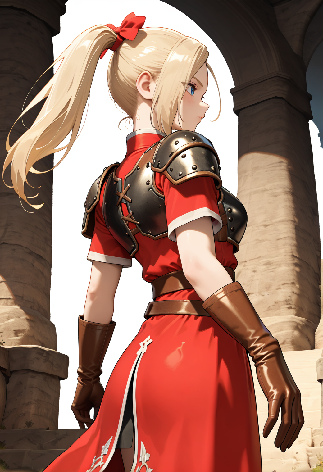 masterpiece, best quality, very aesthetic, absurdres, 1girl, solo,
<lora:dqh2_aurora_v02:0.9>, dqh2_aurora, blonde hair, long hair, ponytail, blue eyes,
hair bow, shoulder armor, breastplate, red dress, short sleeves, brown gloves, leather gloves, belt, skirt, posing, from side