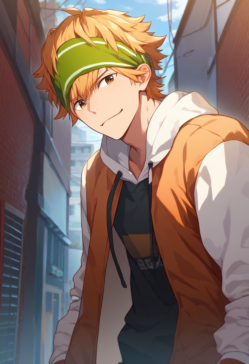 1boy, male focus, 
<lora:Character - Kenka Bancho Otome - Totomaru Minowa:1> totomaru, blonde hair, green headband, brown eyes,
((zPDXL)), score_9_up, score_8_up, score_7_up, score_6_up, score_5_up, score_4_up, best quality, amazing quality, best aesthetic, absurdres, year2023, nsfw, uncensored,
hood, looking at viewer, outdoors, letterman jacket, happy, city, standing, cowboy shot,