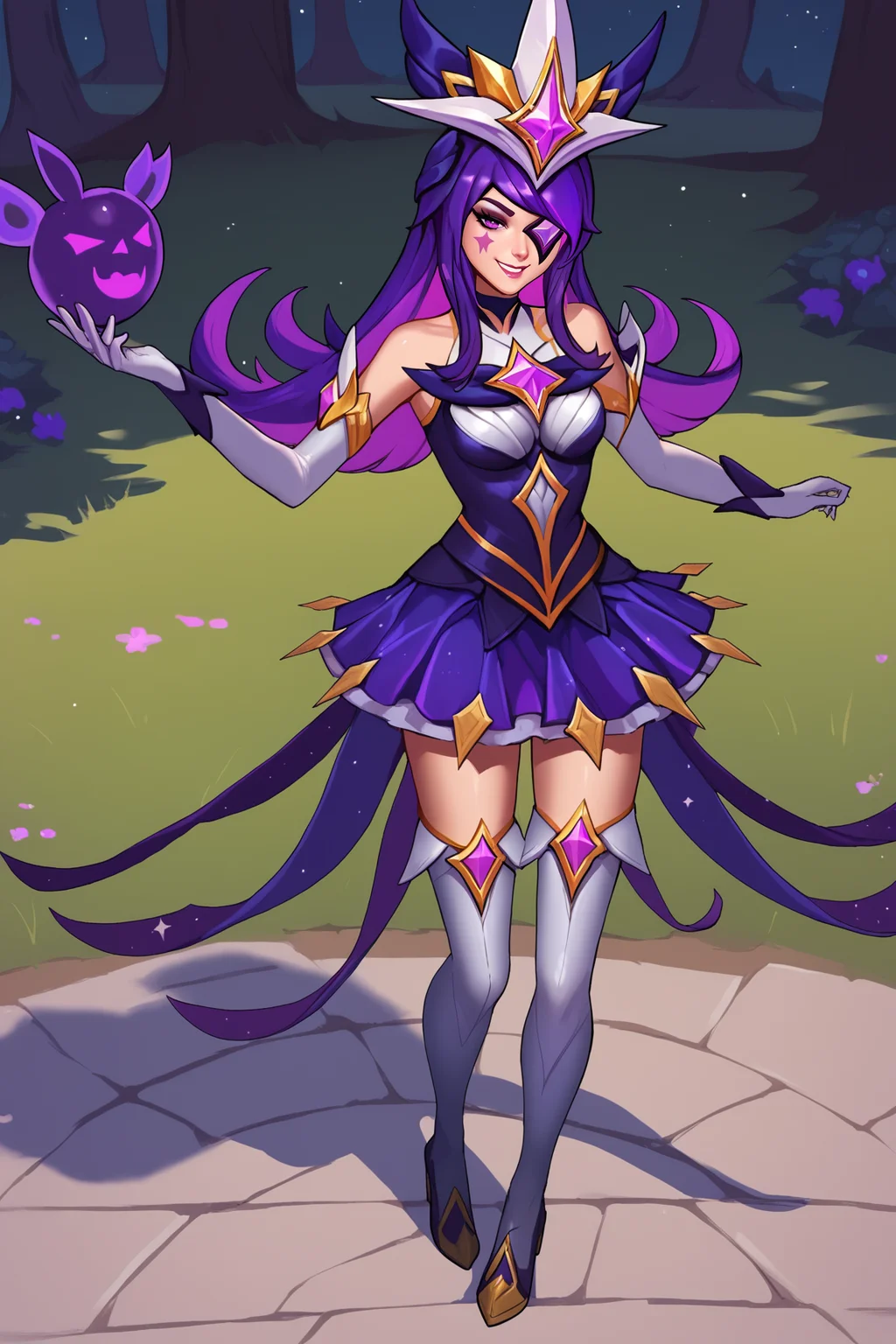 score_9, score_8_up, score_7_up, score_6_up, BREAK, SyndraSGXL, facial mark, purple eye, eyepatch, purple hair, long hair, sidelocks, bangs, hair ornament, medium breasts, star, (symbol), star guardian (league of legends), bare shoulders, purple dress, white elbow gloves, purple skirt, , white thighhighs, white boots, solo, full body, standing, seductive smile, looking at viewer, forest, tree <lora:SyndraSGXL:0.9>