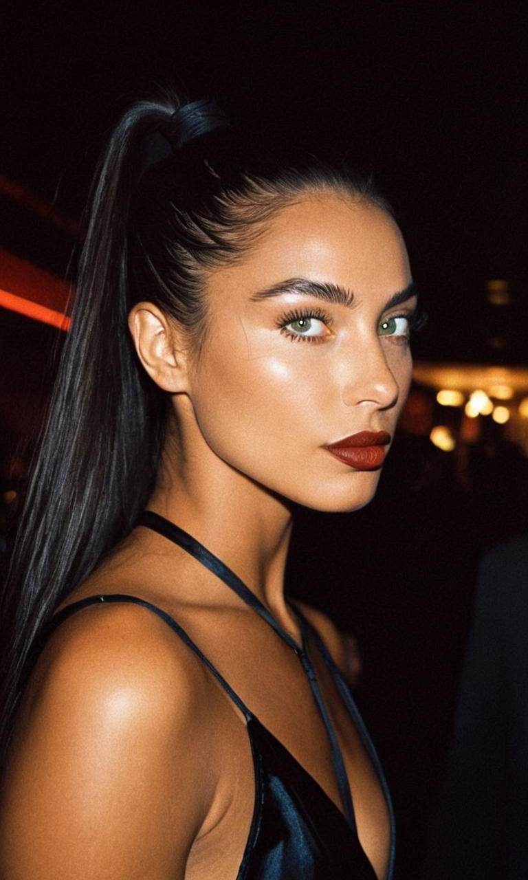cinematic still Ultra-realistic portrait of a woman, sharp jawline, angular facial structure, sun-kissed tan skin, delicate pores, long jet-black straight hair, sleek high ponytail, glossy crimson lipstick, cat-like green eyes, precise eyeliner, intense gaze, 90s VHS effect, muted grainy texture, dramatic club lighting, blurred nightlife background, cinematic depth, moody realism, high-resolution 2D illustration . emotional, harmonious, vignette, 4k epic detailed, shot on kodak, 35mm photo, sharp focus, high budget, cinemascope, moody, epic, gorgeous, film grain, grainy, Ultra-realistic portrait of a woman, sharp jawline, angular facial structure, sun-kissed tan skin, delicate pores, long jet-black straight hair, sleek high ponytail, glossy crimson lipstick, cat-like green eyes, precise eyeliner, intense gaze, 90s VHS effect, muted grainy texture, dramatic club lighting, blurred nightlife background, cinematic depth, moody realism, high-resolution 2D illustration, enhanced quality, glowing rich colors, inspired highly detailed epic composition, magical atmosphere, enduring immense detail, creative, positive artistic, emotional, beautiful, pristine, full color, light shining, pure, very inspirational, inspiring, noble, pretty, fine balanced, complex, extremely aesthetic, colorful, surreal