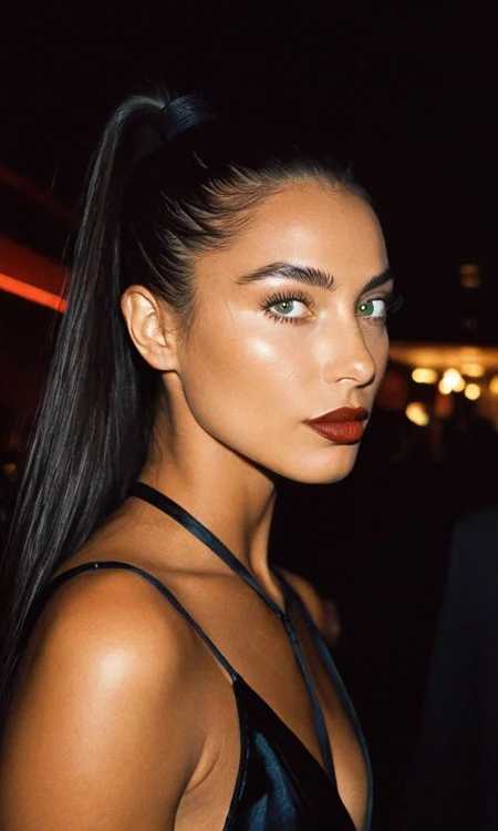 cinematic still Ultra-realistic portrait of a woman, sharp jawline, angular facial structure, sun-kissed tan skin, delicate pores, long jet-black straight hair, sleek high ponytail, glossy crimson lipstick, cat-like green eyes, precise eyeliner, intense gaze, 90s VHS effect, muted grainy texture, dramatic club lighting, blurred nightlife background, cinematic depth, moody realism, high-resolution 2D illustration . emotional, harmonious, vignette, 4k epic detailed, shot on kodak, 35mm photo, sharp focus, high budget, cinemascope, moody, epic, gorgeous, film grain, grainy, Ultra-realistic portrait of a woman, sharp jawline, angular facial structure, sun-kissed tan skin, delicate pores, long jet-black straight hair, sleek high ponytail, glossy crimson lipstick, cat-like green eyes, precise eyeliner, intense gaze, 90s VHS effect, muted grainy texture, dramatic club lighting, blurred nightlife background, cinematic depth, moody realism, high-resolution 2D illustration, enhanced quality, glowing rich colors, inspired highly detailed epic composition, magical atmosphere, enduring immense detail, creative, positive artistic, emotional, beautiful, pristine, full color, light shining, pure, very inspirational, inspiring, noble, pretty, fine balanced, complex, extremely aesthetic, colorful, surreal