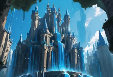 a floating castle in the air, a waterfall flows from the castle to the ground, sharp faceted blue crystals decorate the castle, looking up from the ground view
