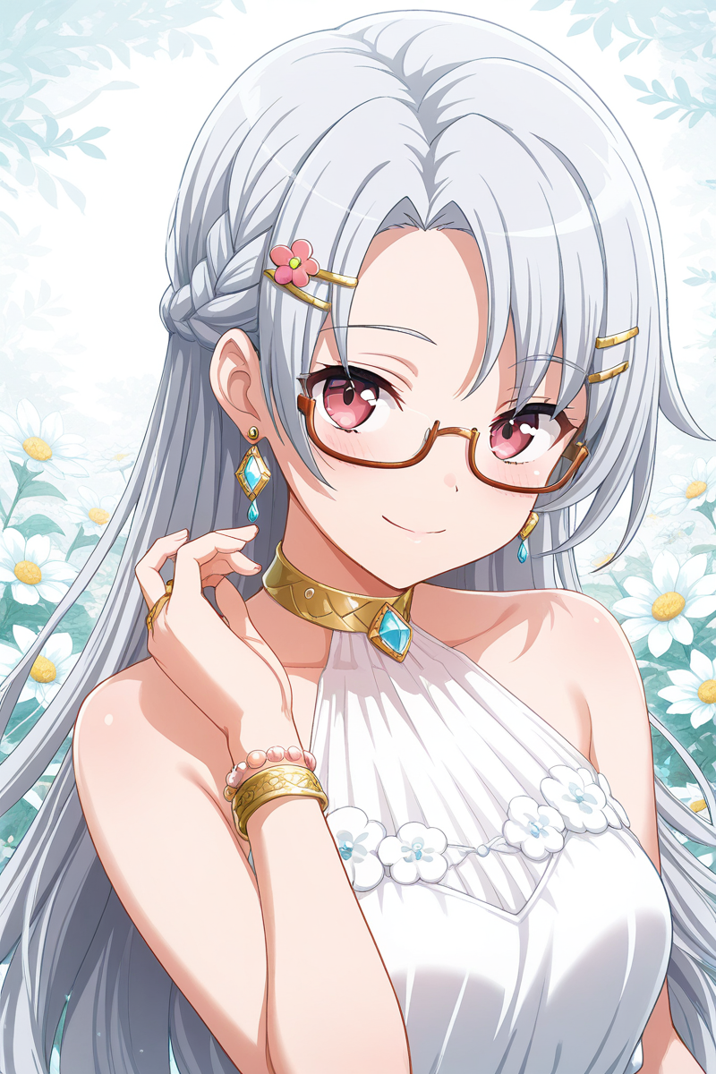masterpiece, best quality, amazing quality,
 <lora:Shiro_IL:1> shiro, 1girl, solo, glasses, long hair, smile, jewelry, hair ornament, dress, looking at viewer, bracelet, flower, earrings, collarbone, upper body, sleeveless dress, semi-rimless eyewear, sleeveless, hairclip, braid, white dress, closed mouth, under-rim eyewear, grey hair, gem, bangs