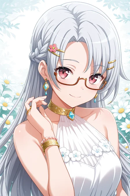 masterpiece, best quality, amazing quality,
 <lora:Shiro_IL:1> shiro, 1girl, solo, glasses, long hair, smile, jewelry, hair ornament, dress, looking at viewer, bracelet, flower, earrings, collarbone, upper body, sleeveless dress, semi-rimless eyewear, sleeveless, hairclip, braid, white dress, closed mouth, under-rim eyewear, grey hair, gem, bangs