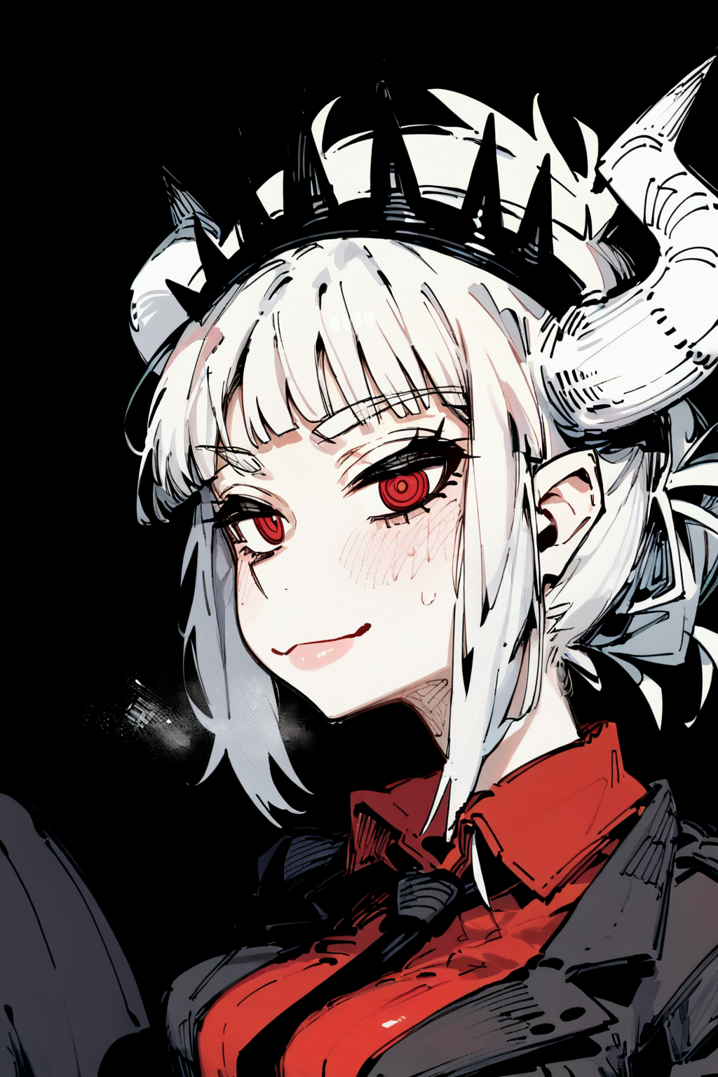 score_9, score_8_up, score_7_up, lucifer \(helltaker\),  white hair,  horns, red eyes, tiara,, solo, solo focus, portrait, simple background, Reclining with one leg bent, looking relaxed, <lora:karasu_raven:1.3>, monochromeâââ