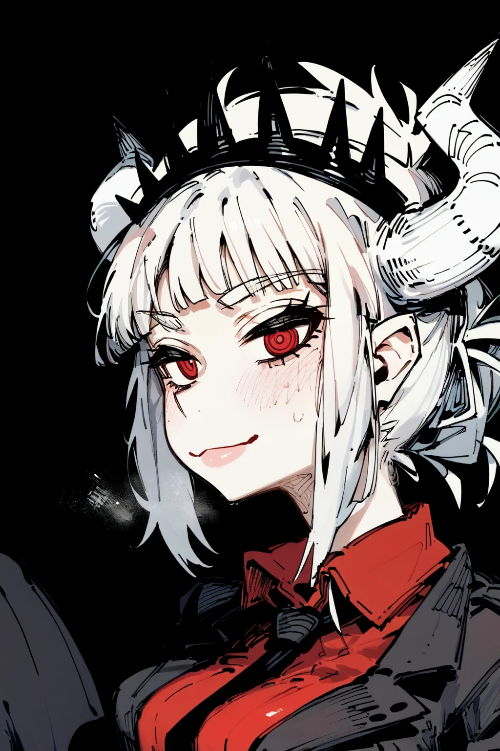 score_9, score_8_up, score_7_up, lucifer \(helltaker\), white hair, horns, red eyes, tiara,, solo, solo focus, portrait, simple background, Reclining with one leg bent, looking relaxed, <lora:karasu_raven:1.3>, monochromeâââ