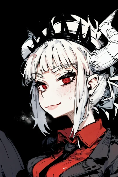 score_9, score_8_up, score_7_up, lucifer \(helltaker\), white hair, horns, red eyes, tiara,, solo, solo focus, portrait, simple background, Reclining with one leg bent, looking relaxed, <lora:karasu_raven:1.3>, monochromeâââ