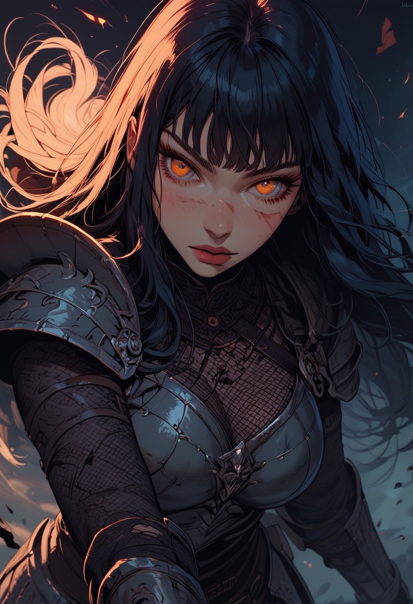 Score_9, Score8_up, Score_7_up, (((High Resolution, Best Quality))), 
1girl, beautiful, breasts, battle scarred, damaged armor, fishnets under armor, bangs, long hair, plated armour, holding battleaxe, battle stance, dynamic angle, ancient fantasy city, battle-ready stance, dynamic pose, at night, moonlight, riding a nimbus cloud, nimbus, directional lighting, viewed from above,
beautiful eyes, detailed eyes, perfect eyes, orange eyes, beautiful eyes, looking at viewer, extreme foreshortening,